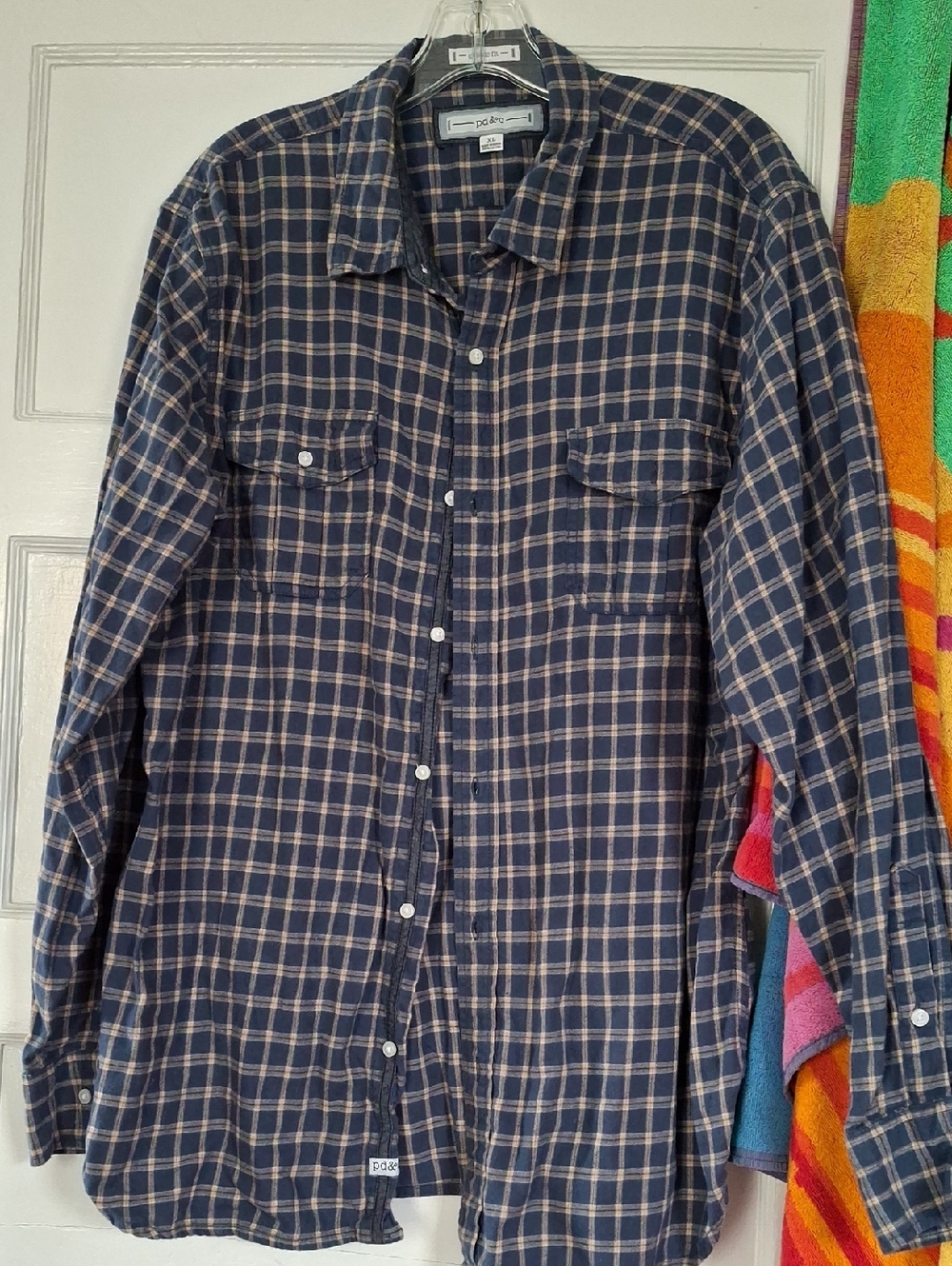 Pd& C Navy and Tan Plaid Button-Down Shirt